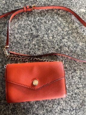 Michael Kors Orange Saffiano Crossbody Wallet with Gold Chain Strap